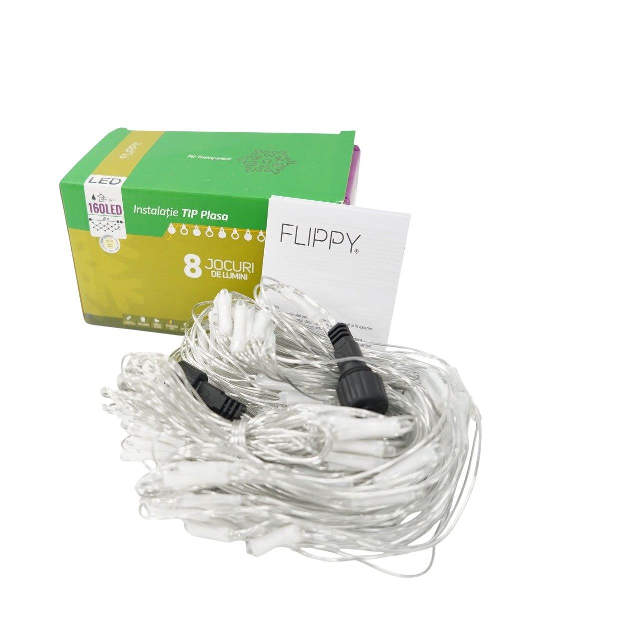 Sectiune Instalatie de Craciun, Tip Plasa, 160 LED-uri, 2 m x 2 m, 8 jocuri de lumini, Interconectabila, Fir transparent, Alb cald