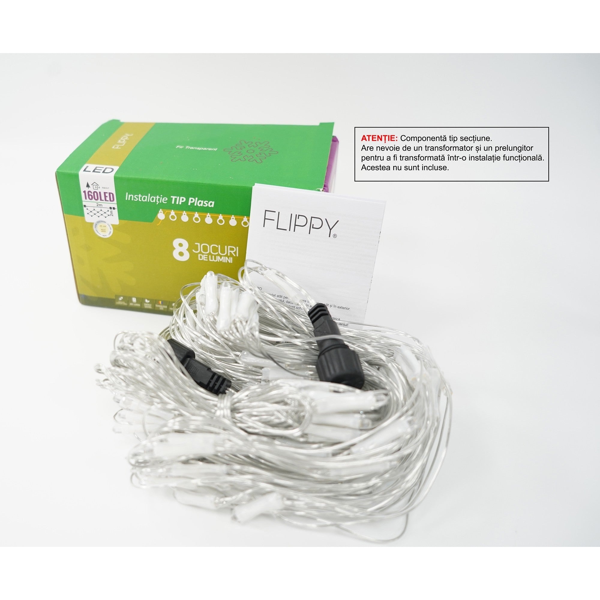 Sectiune Instalatie de Craciun, Tip Plasa, 160 LED-uri, 2 m x 2 m, 8 jocuri de lumini, Interconectabila, Fir transparent, Alb cald