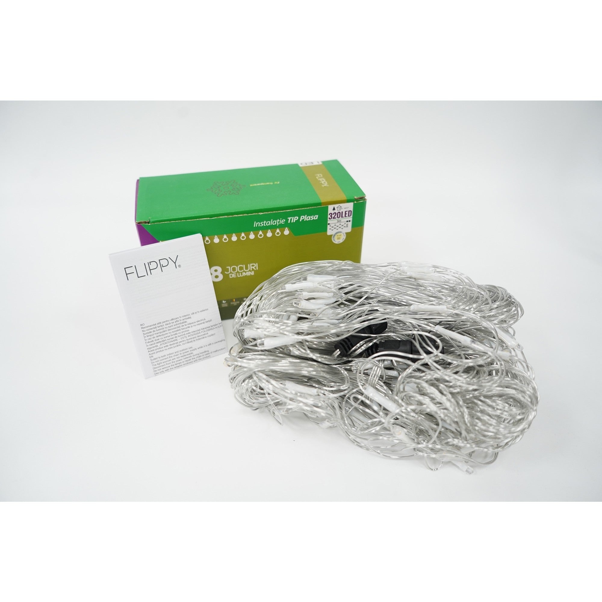 Sectiune Instalatie de Craciun, Tip Plasa, 320 LED-uri, 3 m x 3 m, 8 jocuri de lumini, Interconectabila, Fir transparent, Alb cald
