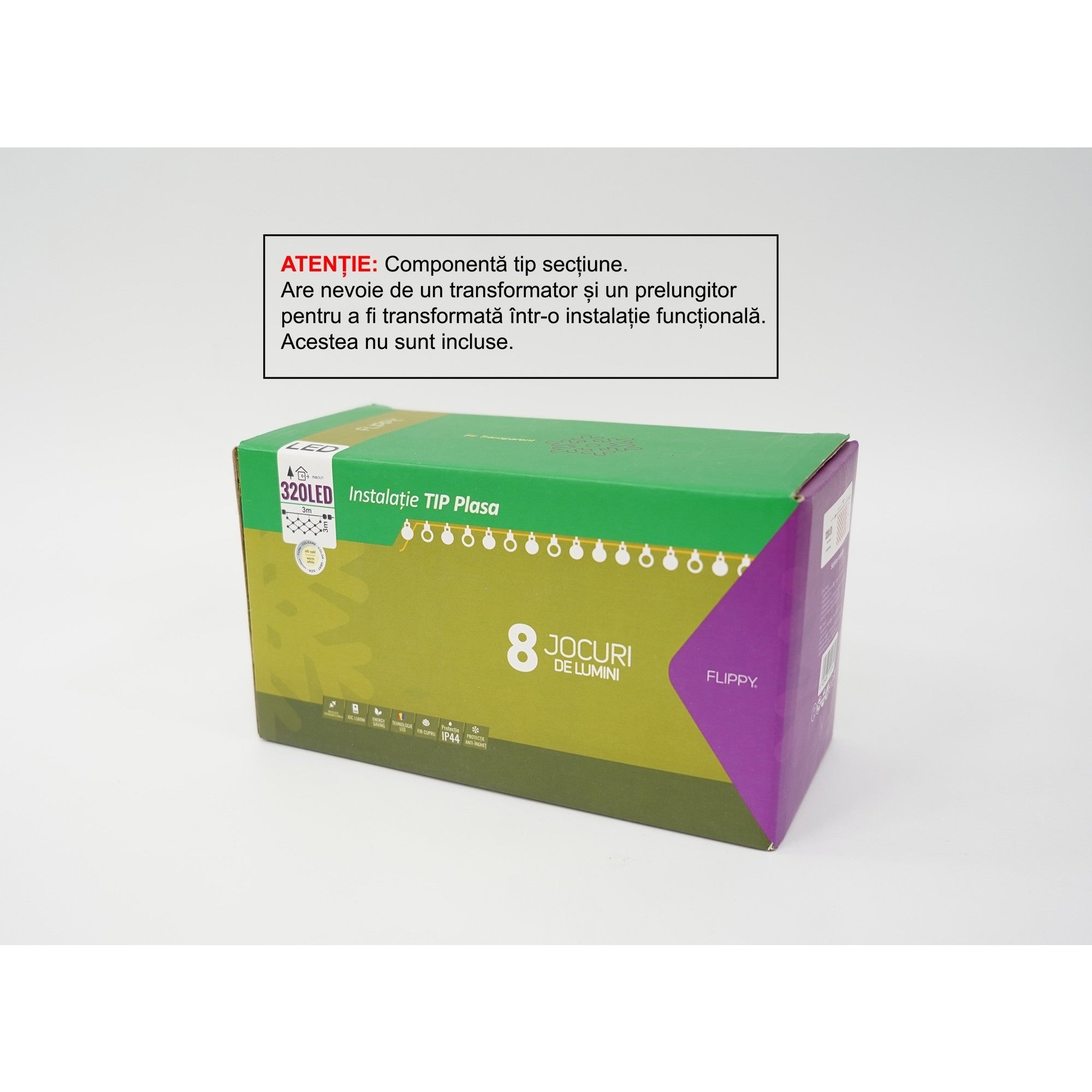Sectiune Instalatie de Craciun, Tip Plasa, 320 LED-uri, 3 m x 3 m, 8 jocuri de lumini, Interconectabila, Fir transparent, Alb cald