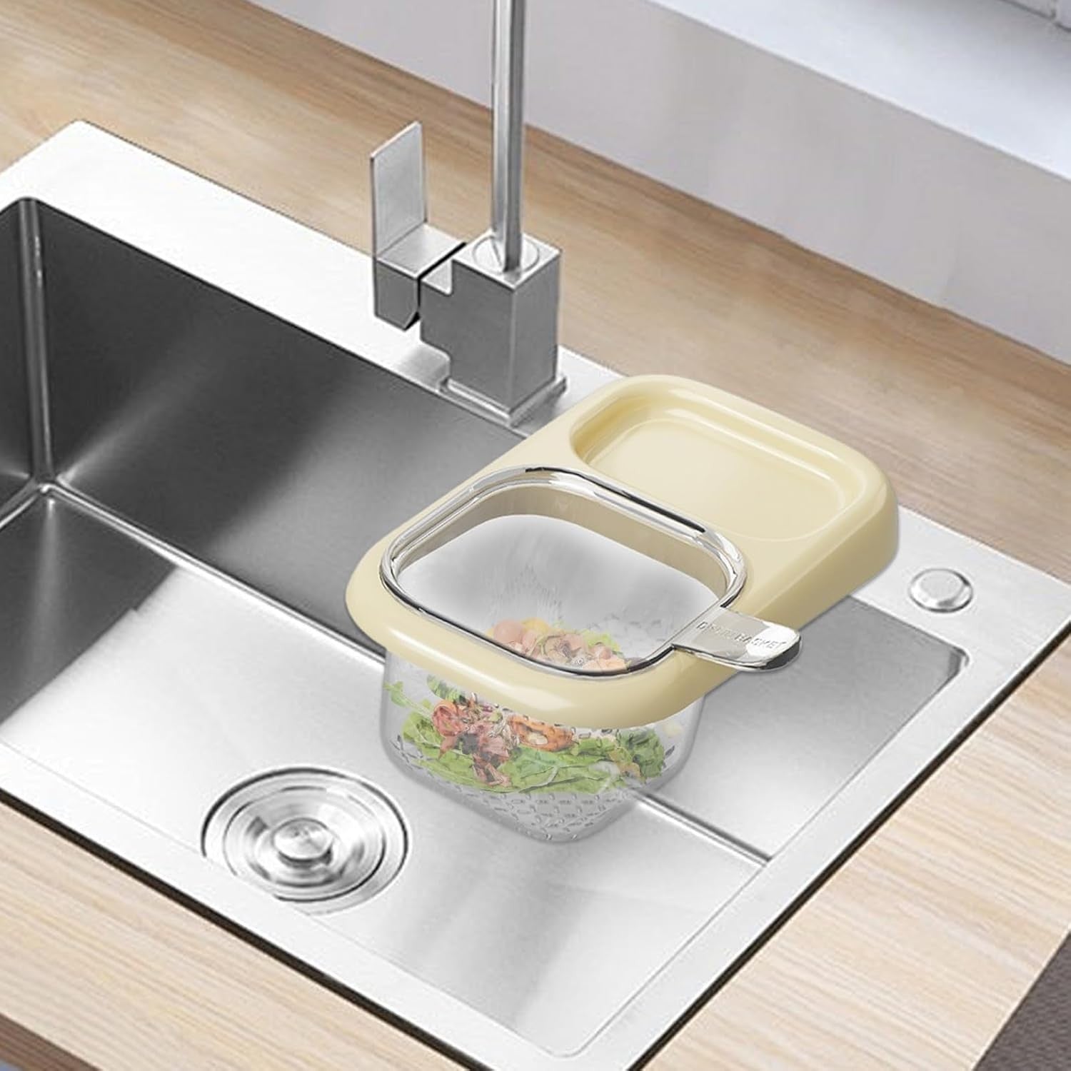 Cos de Scurgere pentru Chiuveta, din ABS, cu Maner si Ventuza, Multifunctional, 22 x 13 x 8.5 cm, Crem