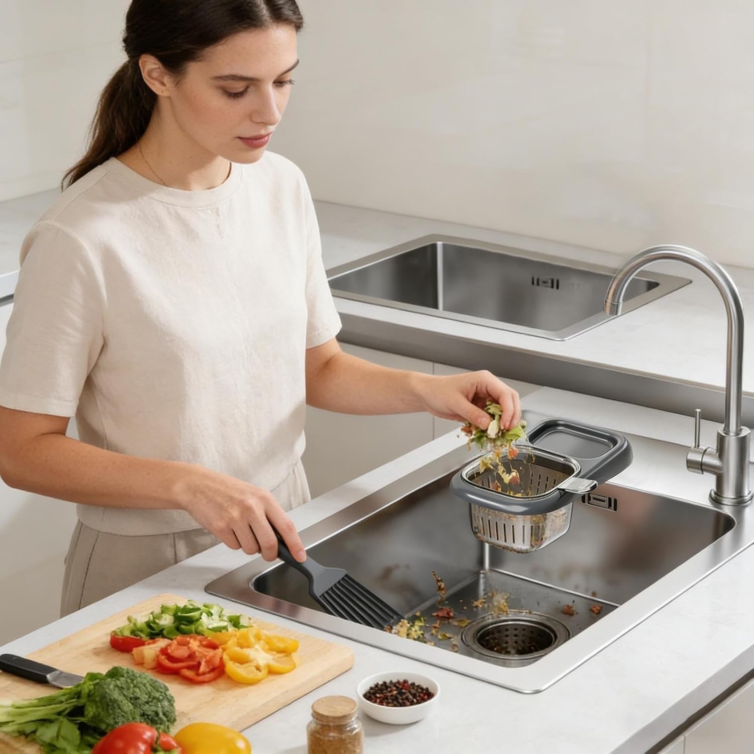 Cos de Scurgere pentru Chiuveta, din ABS, cu Maner si Ventuza, Multifunctional, 22 x 13 x 8.5 cm, Gri