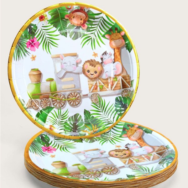 Farfurii Cartonate pentru Petreceri, Farfurii Cartonate de unica Folosinta pentru Zile de Nastere, Model Safari cu Animale, set 10 buc, Diametru 18 cm, Multicolor