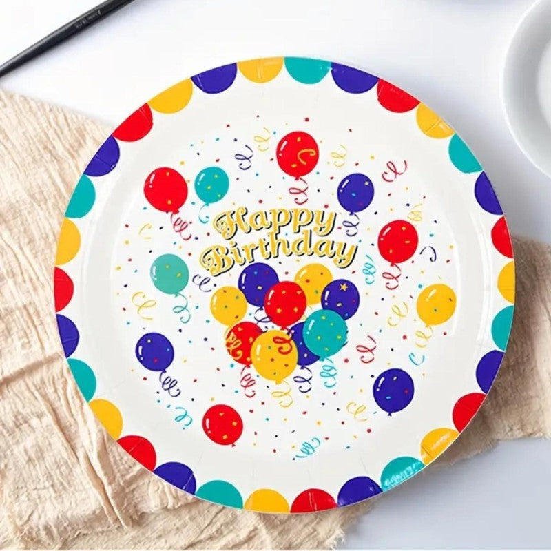 Set 10 Farfurii de Unica Folosinta, din Carton, 18 cm, Model Happy Birthday, Multicolor