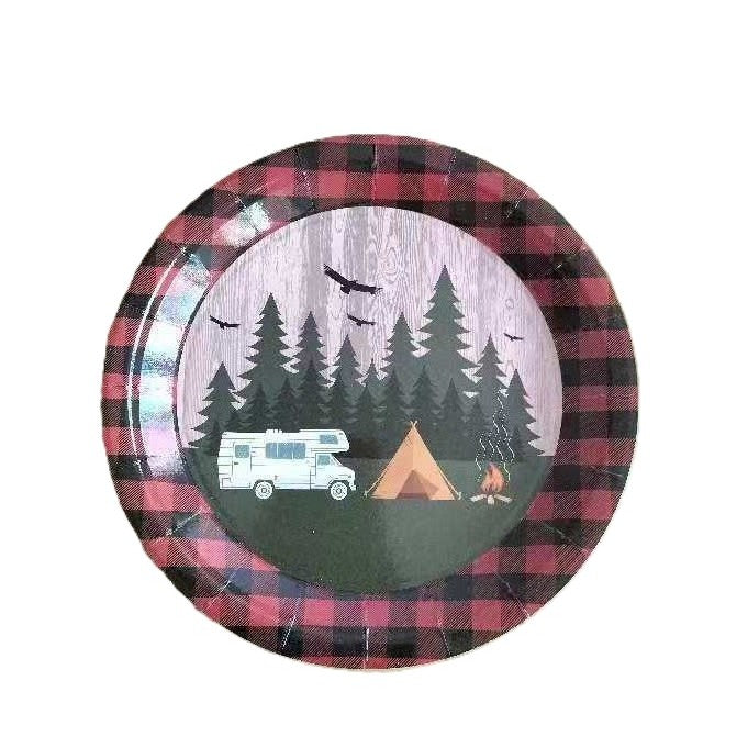 Set 10 Farfurii Unica Folosinta, 23 cm, Model Camping, Multicolor