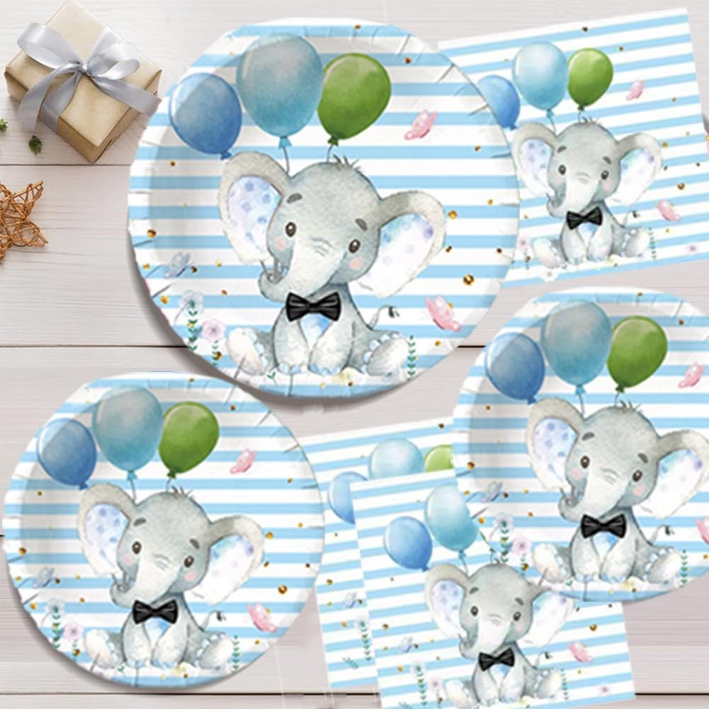 Set 10 Farfurii Unica Folosinta, Imprimeu Elefant, din Carton, 22 cm, Albastru