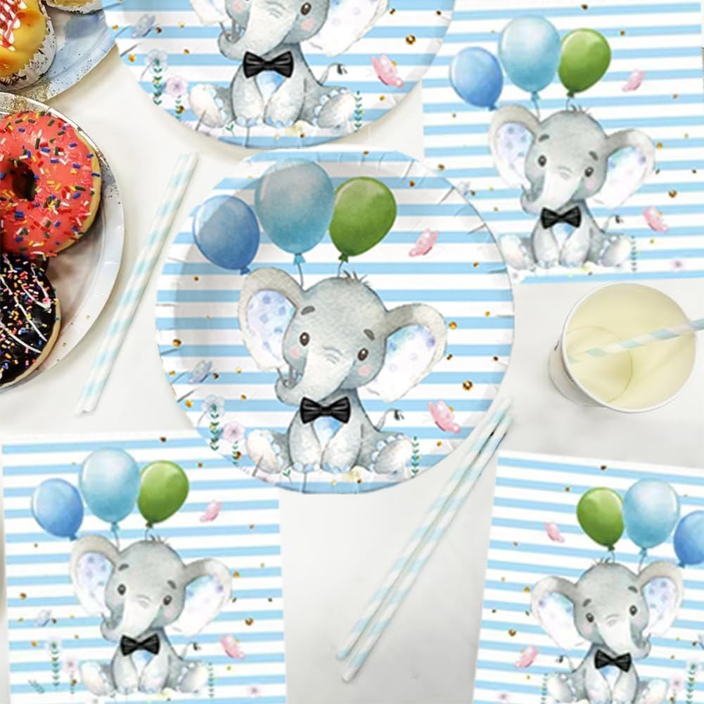 Set 10 Farfurii Unica Folosinta, Imprimeu Elefant, din Carton, 22 cm, Albastru