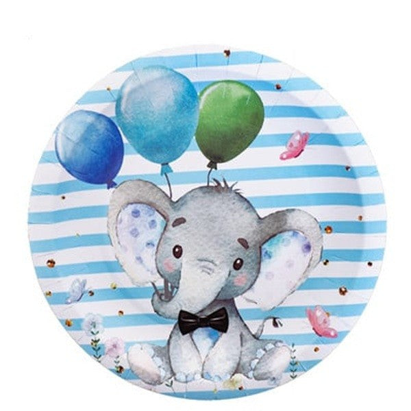 Set 10 Farfurii Unica Folosinta, Imprimeu Elefant, din Carton, 22 cm, Albastru