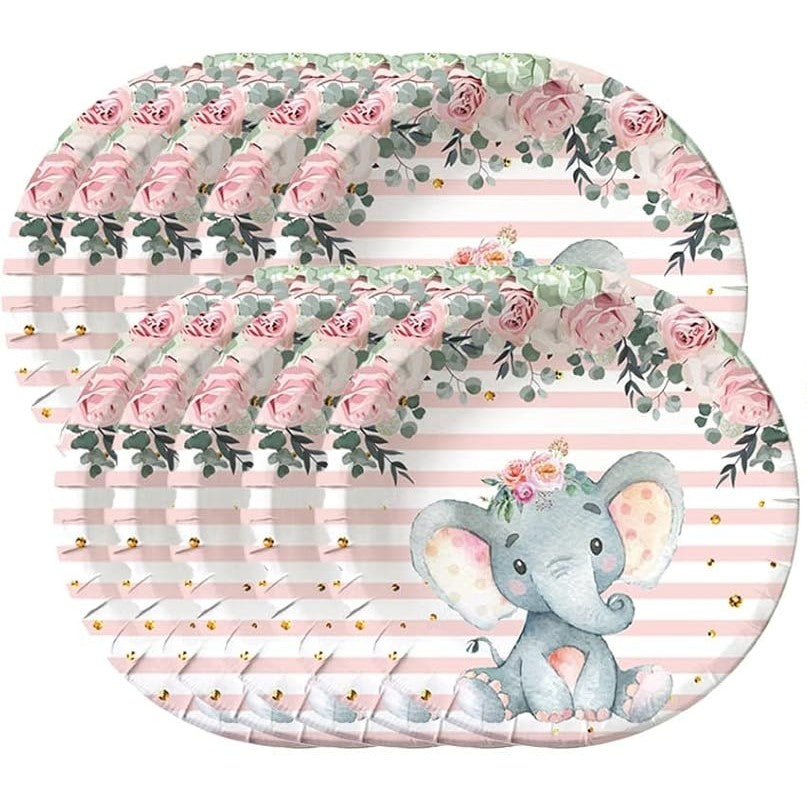Set 10 Farfurii Unica Folosinta, Imprimeu Elefant, din Carton, 22 cm, Roz