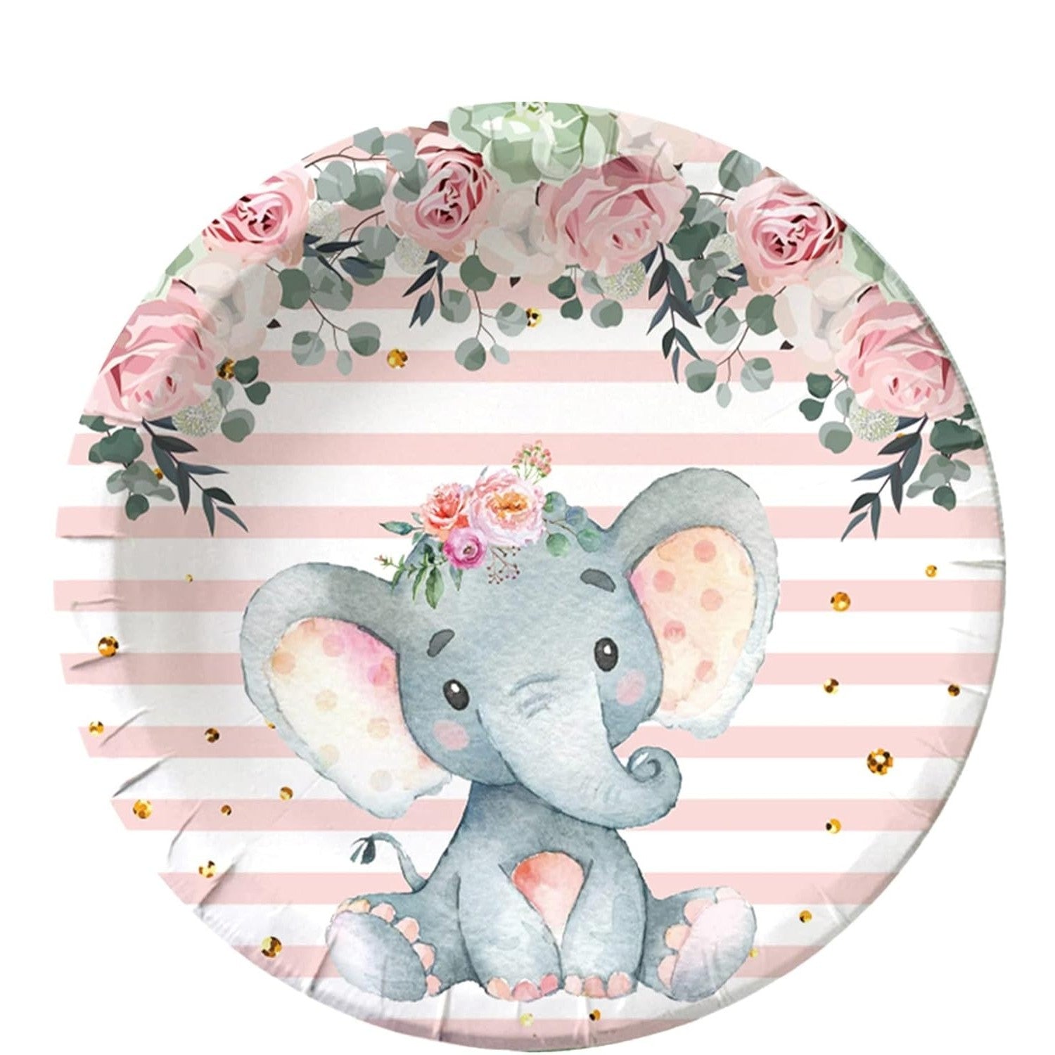 Set 10 Farfurii Unica Folosinta, Imprimeu Elefant, din Carton, 22 cm, Roz