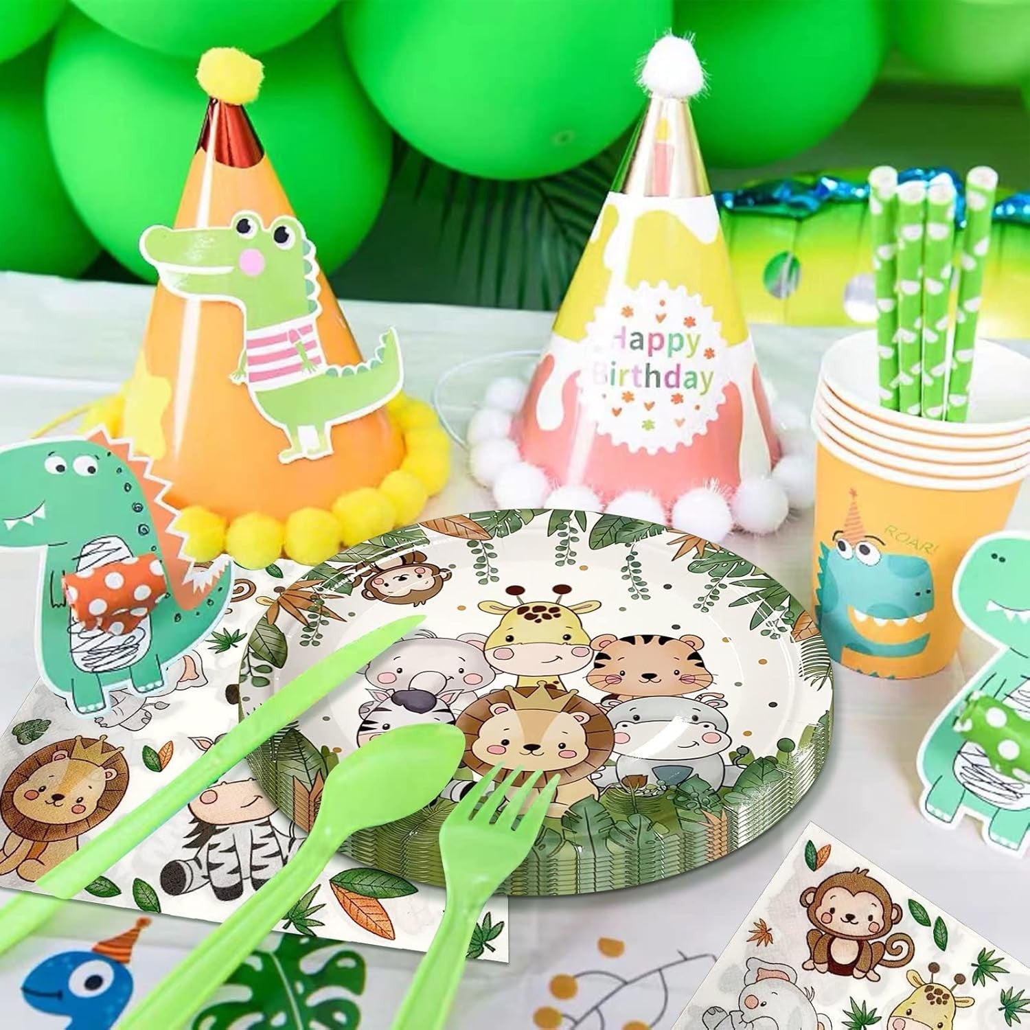 Set 10 Farfurii Unica Folosinta, Imprimeu Jungle, din Carton, 22 cm, Verde