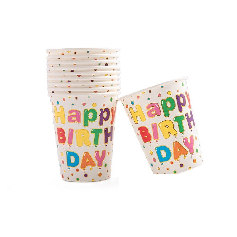 Set 10 Pahare, Imprimeu Happy Birthday, din Carton, 250 ml, 7.5 x 8.5 cm, Multicolor