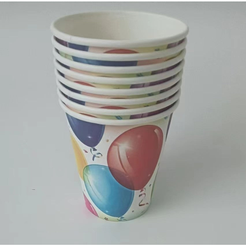 Set 10 Pahare, Imprimeu cu Baloane, din Carton, 250 ml, 7.5 x 8.5 x 5.2 cm, Multicolor