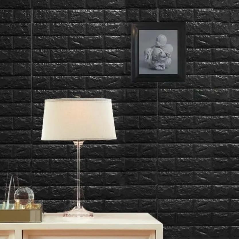 Set 10 Placi Tapet 3D, 35 x 38 cm, Grosime 3 mm, din Polietilena, Model Caramida, Suprafata acoperita 1.33 mp, Negru