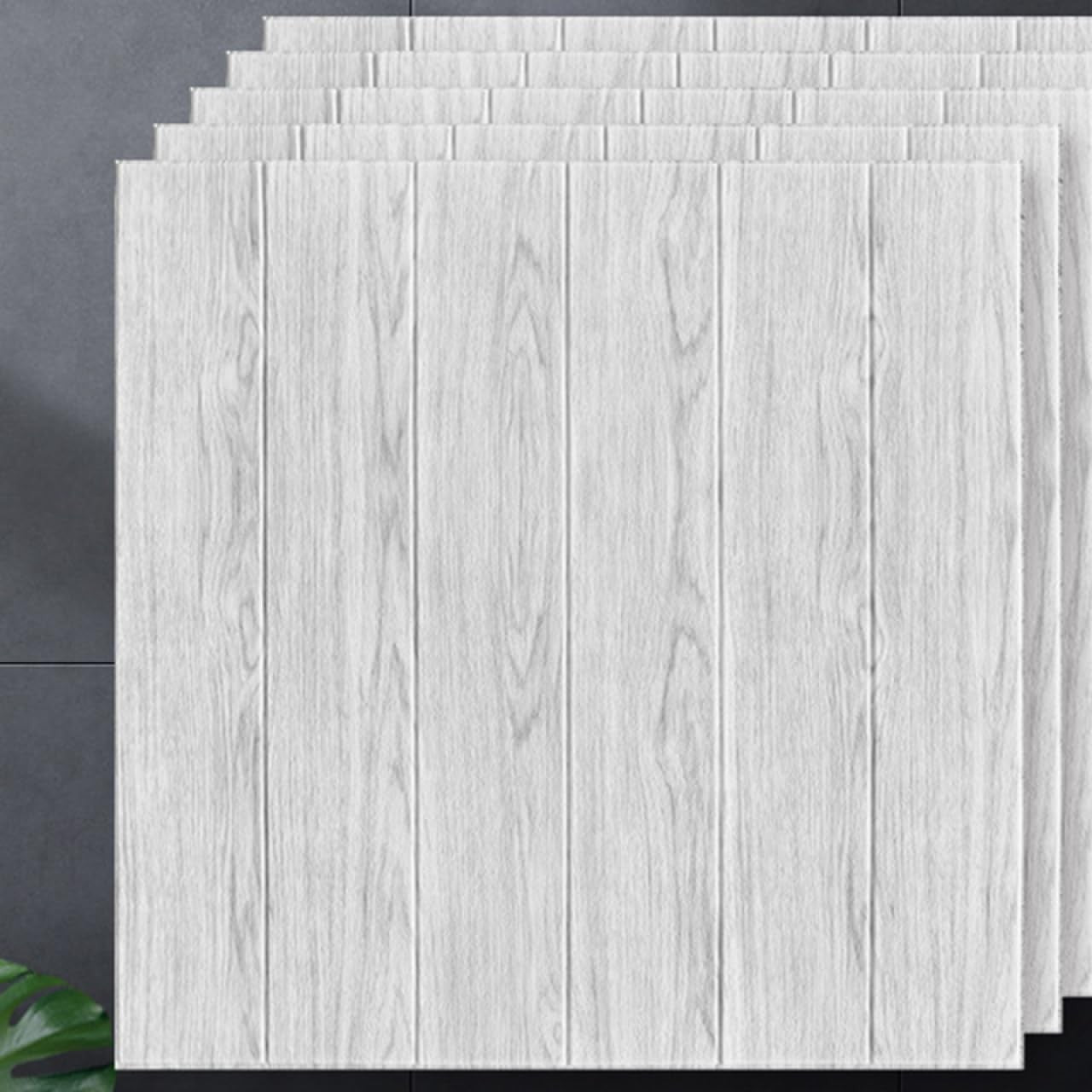 Set 10 Placi Tapet 3D, 70 x 70 cm, Grosime 3 mm, din Rasina, Tip Placi de Lemn, Suprafata Acoperita 4.9 mp, Gri Deschis