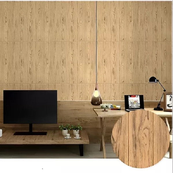 Set 10 Placi Tapet 3D, 70 x 70 cm, Grosime 3 mm, din Rasina, Tip Placi de Lemn, Suprafata Acoperita 4.9 mp, Maro Deschis