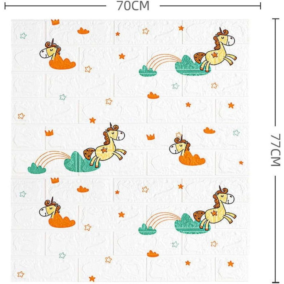 Set 10 Placi Tapet 3D, 70 x 77 cm, Grosime 3 mm, din Polietilena, Tip Caramida, Model Unicorni, Suprafata acoperita 5.3 mp, Alb