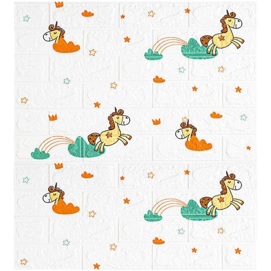 Set 10 Placi Tapet 3D, 70 x 77 cm, Grosime 3 mm, din Polietilena, Tip Caramida, Model Unicorni, Suprafata acoperita 5.3 mp, Alb