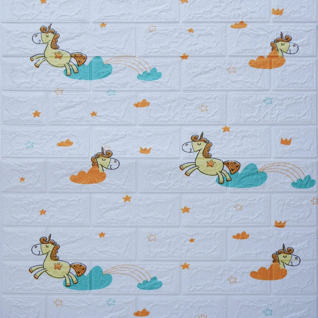 Set 10 Placi Tapet 3D, 70 x 77 cm, Grosime 3 mm, din Polietilena, Tip Caramida, Model Unicorni, Suprafata acoperita 5.3 mp, Alb