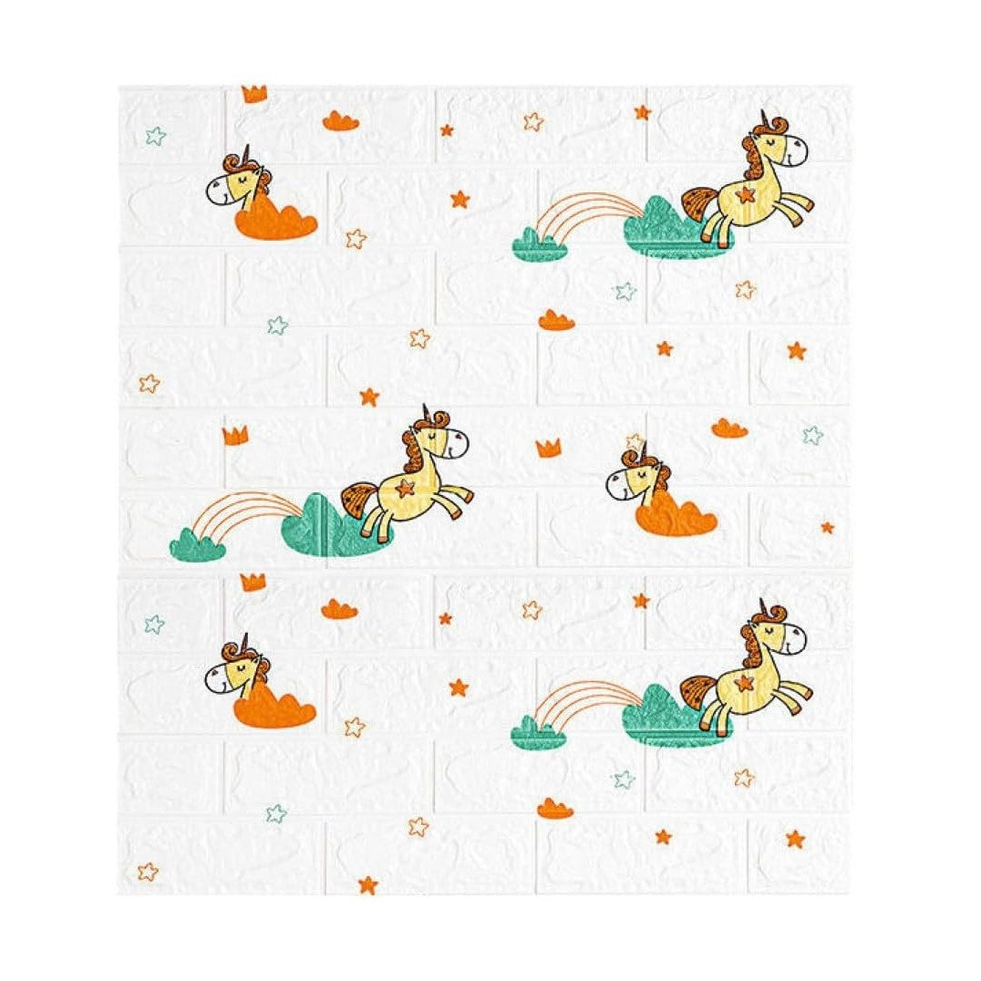 Set 10 Placi Tapet 3D, 70 x 77 cm, Grosime 3 mm, din Polietilena, Tip Caramida, Model Unicorni, Suprafata acoperita 5.3 mp, Alb