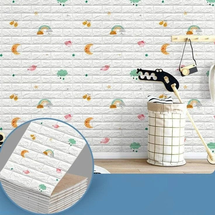 Set 10 Placi Tapet 3D, 70 x 77 cm, Grosime 3 mm, din Polietilena, Tip Caramida, Model Curcubeu, Suprafata acoperita 5.3 mp, Alb