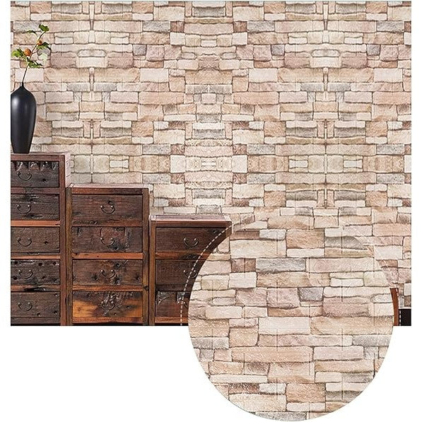 Set 10 Placi Tapet 3D, 70 x 77 cm, Grosime 3 mm, din Polietilena, Model Caramida, Suprafata acoperita 5.3 mp, Bej