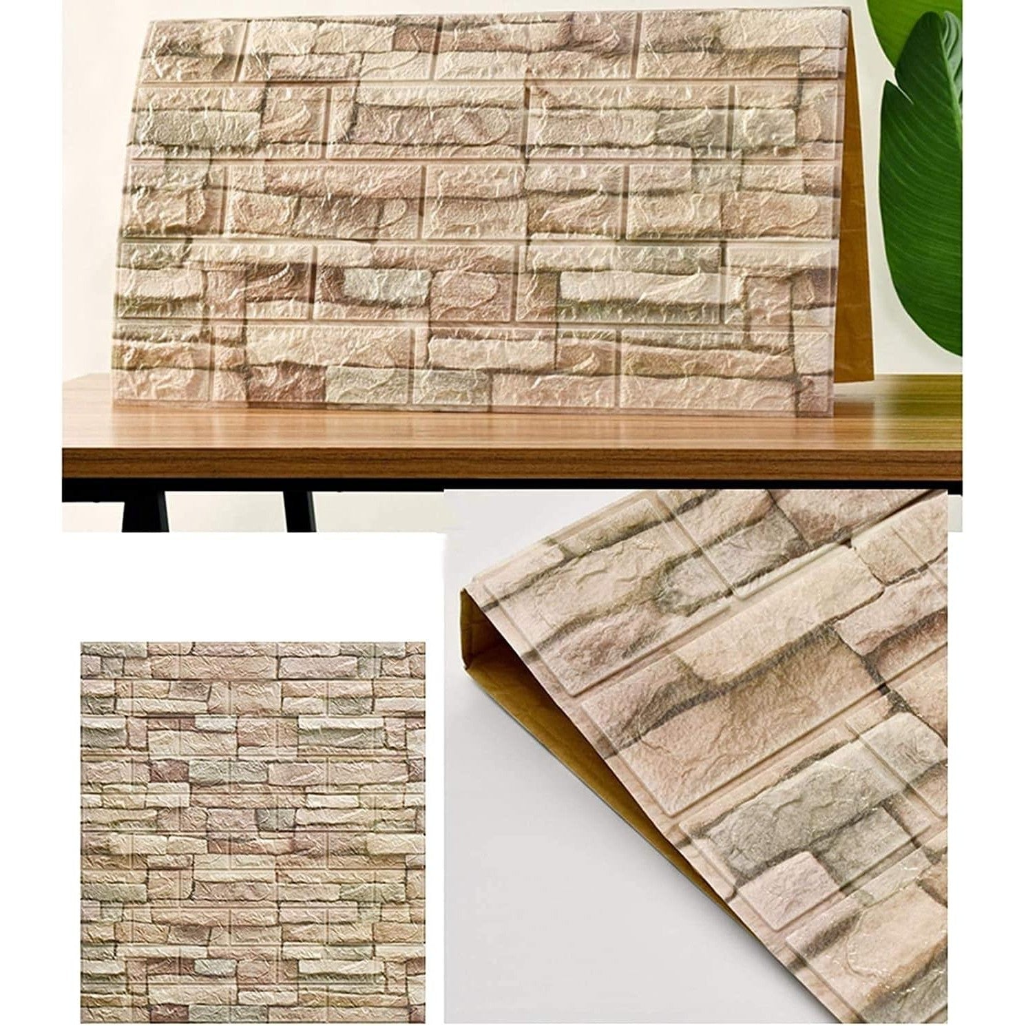 Set 10 Placi Tapet 3D, 70 x 77 cm, Grosime 3 mm, din Polietilena, Model Caramida, Suprafata acoperita 5.3 mp, Bej