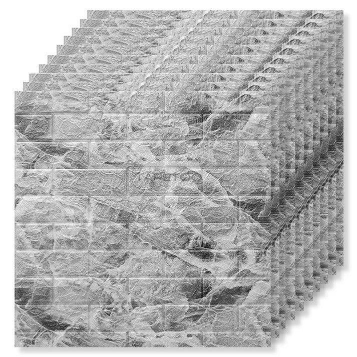 Set 10 Placi Tapet 3D, 70 x 77 cm, Grosime 3 mm, din Polietilena, Model Caramida, Suprafata acoperita 5.3 mp, Marmura Gri
