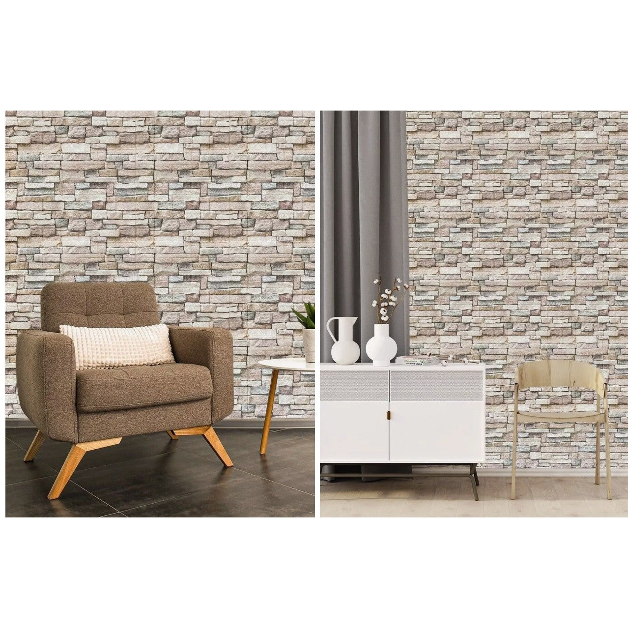 Set 10 Placi de Tapet, Autoadezive, 70 x 77 cm, 2.5 mm Grosime, Suprafata Acoperita 5.3 mp, din PVC, Model Piatra, Crem