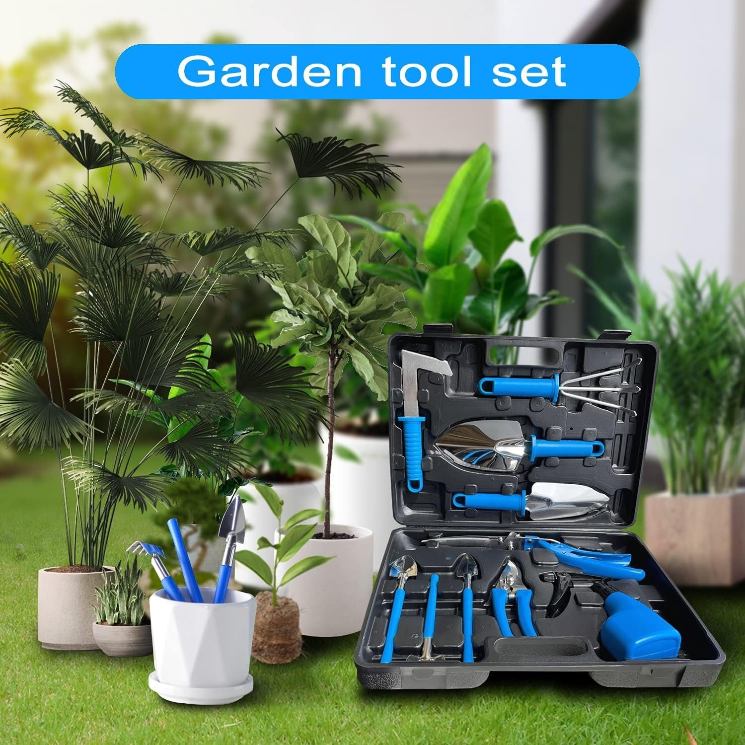 Set 10 Unelte de Gradina, pentru Plantare Prelucrare Sol si Ingrijire Plante, Manere Albastre, Material PVC si Otel Inoxidabil, Cutie Inclusa, 37x28x7 cm, Negru