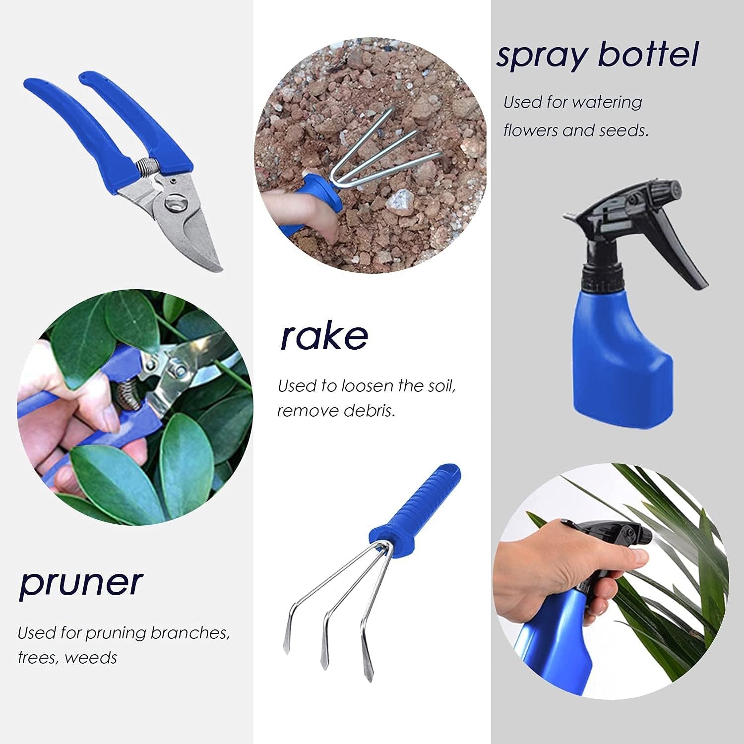 Set 10 Unelte de Gradina, pentru Plantare Prelucrare Sol si Ingrijire Plante, Manere Albastre, Material PVC si Otel Inoxidabil, Cutie Inclusa, 37x28x7 cm, Negru