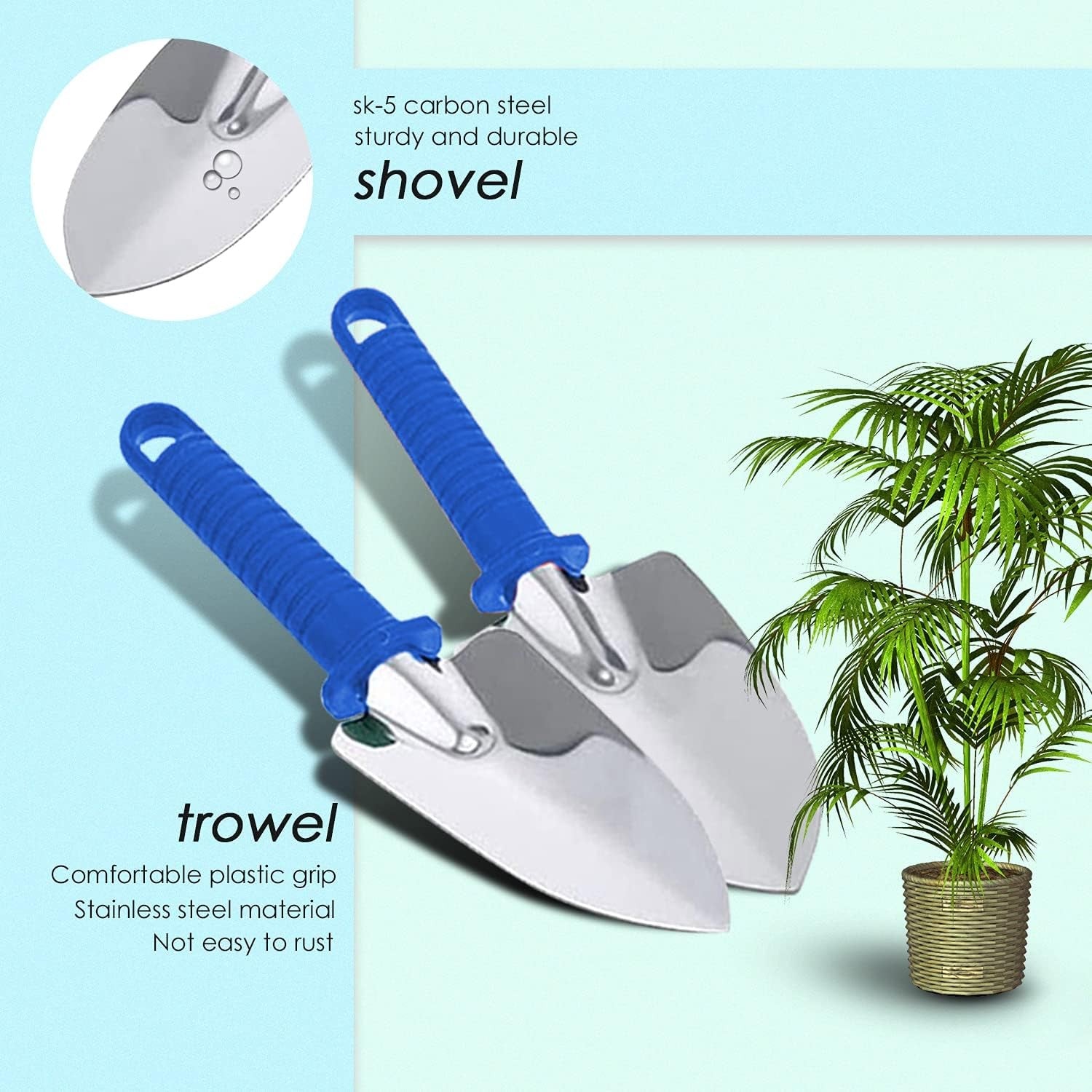 Set 10 Unelte de Gradina, pentru Plantare Prelucrare Sol si Ingrijire Plante, Manere Albastre, Material PVC si Otel Inoxidabil, Cutie Inclusa, 37x28x7 cm, Negru