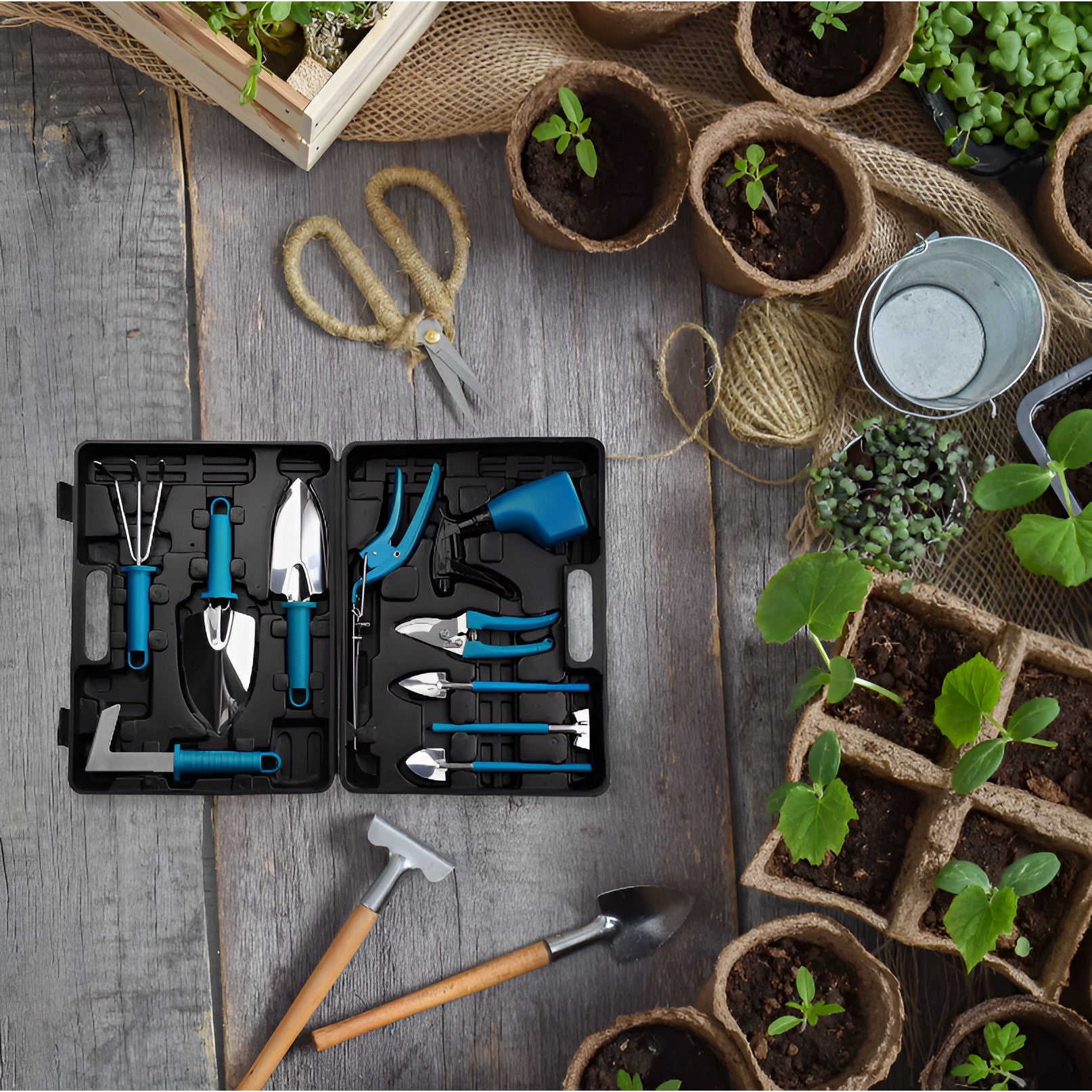 Set 10 Unelte de Gradina, pentru Plantare Prelucrare Sol si Ingrijire Plante, Manere Albastre, Material PVC si Otel Inoxidabil, Cutie Inclusa, 37x28x7 cm, Negru