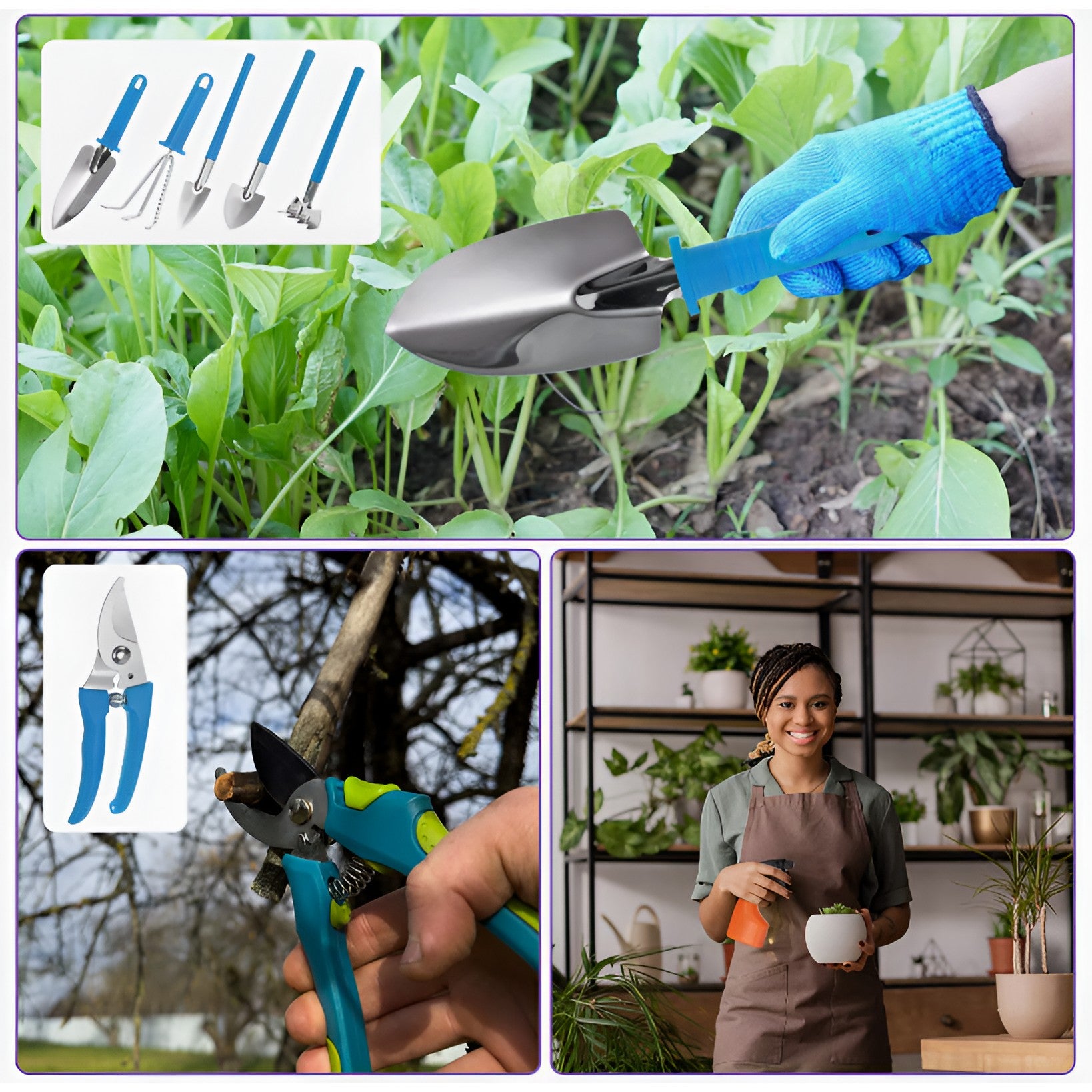 Set 10 Unelte de Gradina, pentru Plantare Prelucrare Sol si Ingrijire Plante, Manere Albastre, Material PVC si Otel Inoxidabil, Cutie Inclusa, 37x28x7 cm, Negru