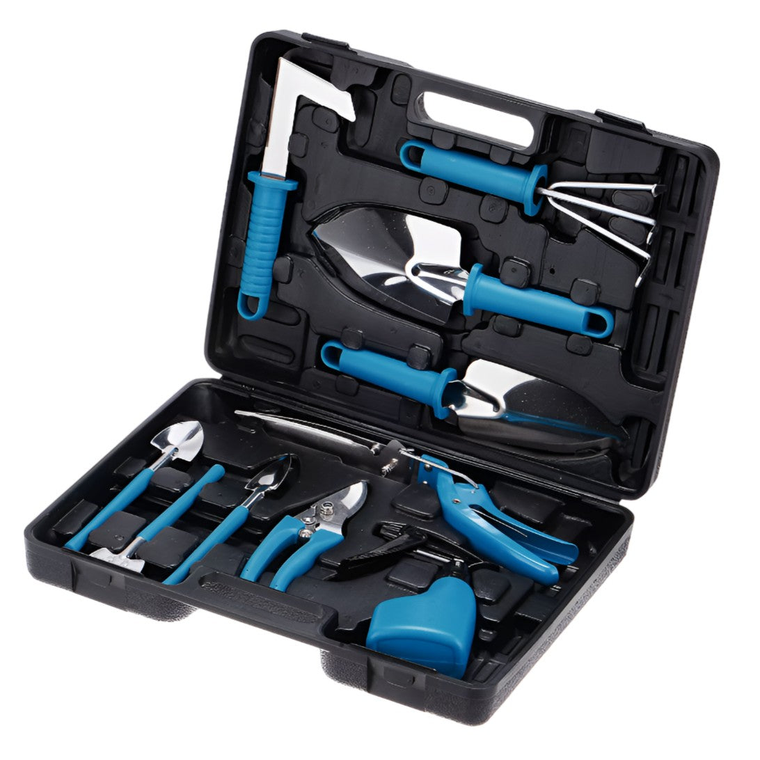 Set 10 Unelte de Gradina, pentru Plantare Prelucrare Sol si Ingrijire Plante, Manere Albastre, Material PVC si Otel Inoxidabil, Cutie Inclusa, 37x28x7 cm, Negru