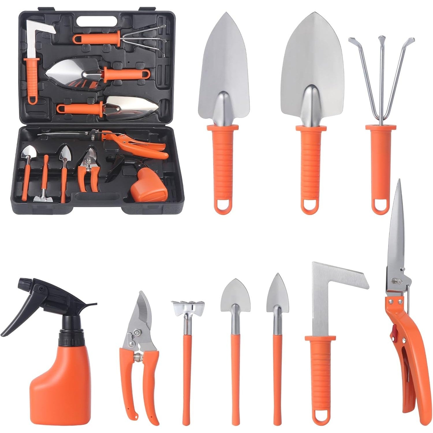 Set 10 Unelte de Gradina, pentru Plantare Prelucrare Sol si Ingrijire Plante, Manere Portocalii, Material PVC si Otel Inoxidabil, Cutie Inclusa, 37x28x7 cm, Negru