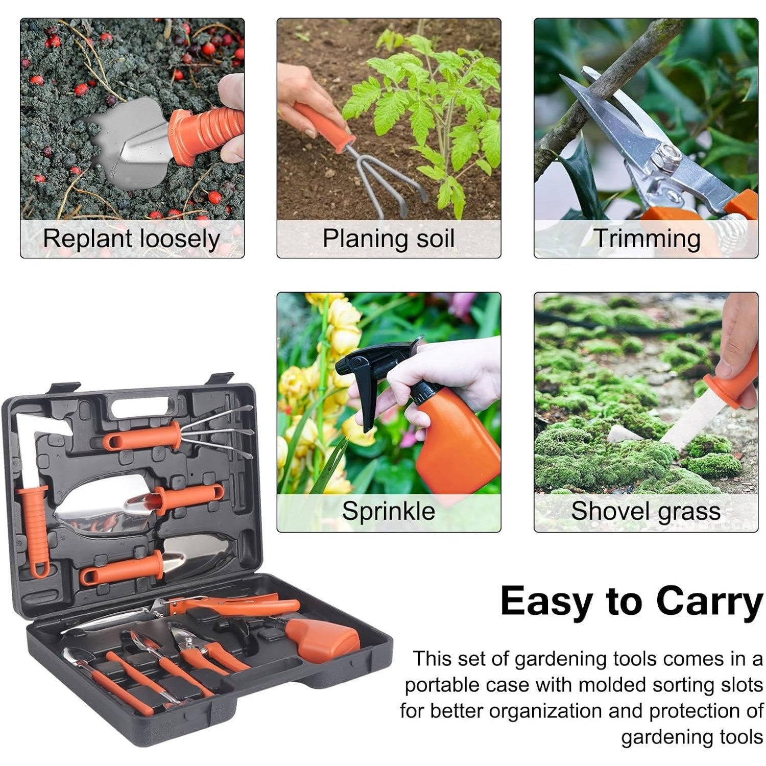 Set 10 Unelte de Gradina, pentru Plantare Prelucrare Sol si Ingrijire Plante, Manere Portocalii, Material PVC si Otel Inoxidabil, Cutie Inclusa, 37x28x7 cm, Negru