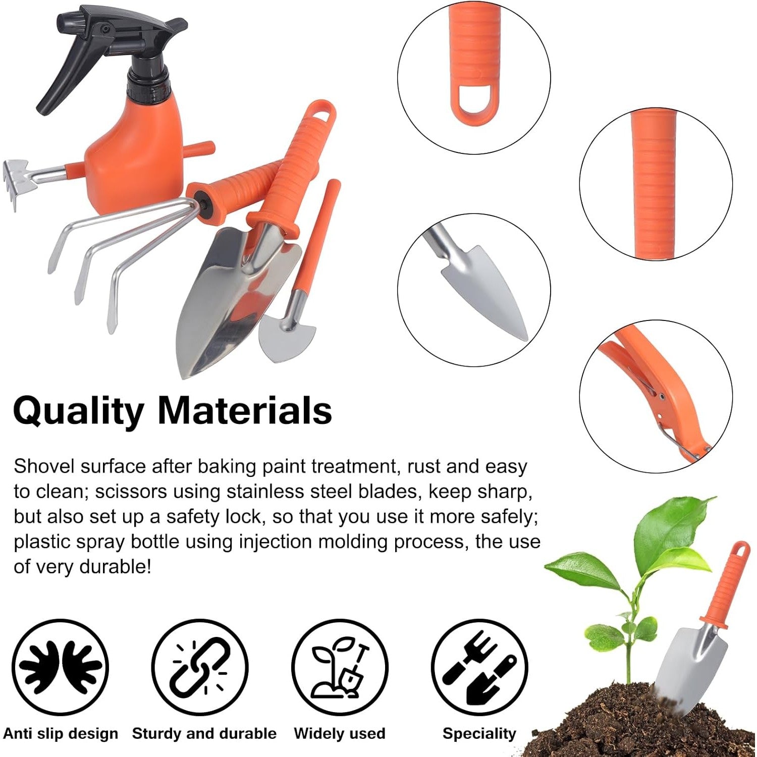 Set 10 Unelte de Gradina, pentru Plantare Prelucrare Sol si Ingrijire Plante, Manere Portocalii, Material PVC si Otel Inoxidabil, Cutie Inclusa, 37x28x7 cm, Negru