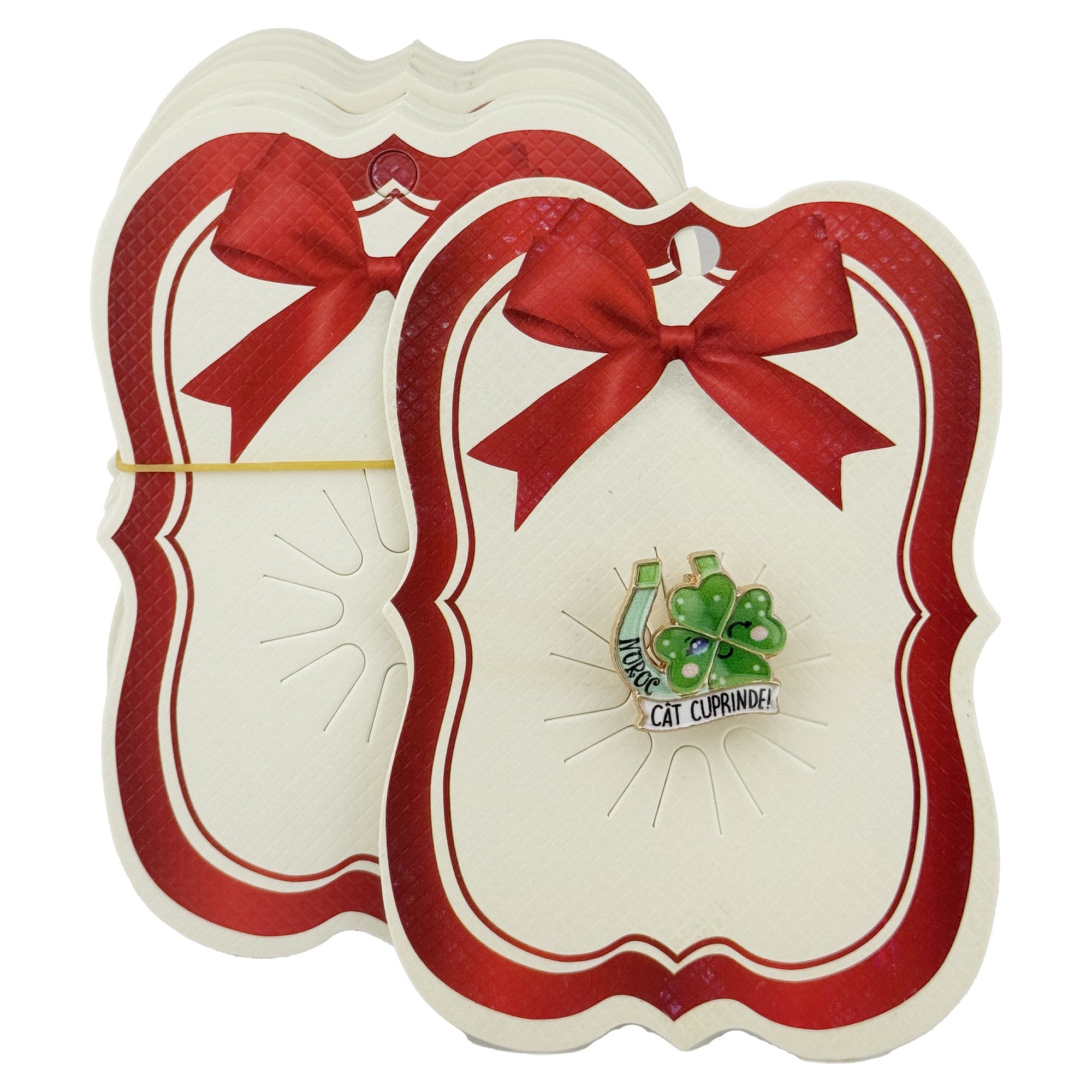 Cartonase Ambalaj pentru Martisor, Set 100 buc, Model Printat cu Fundita, 10 x 7 cm, Rosu/Cream