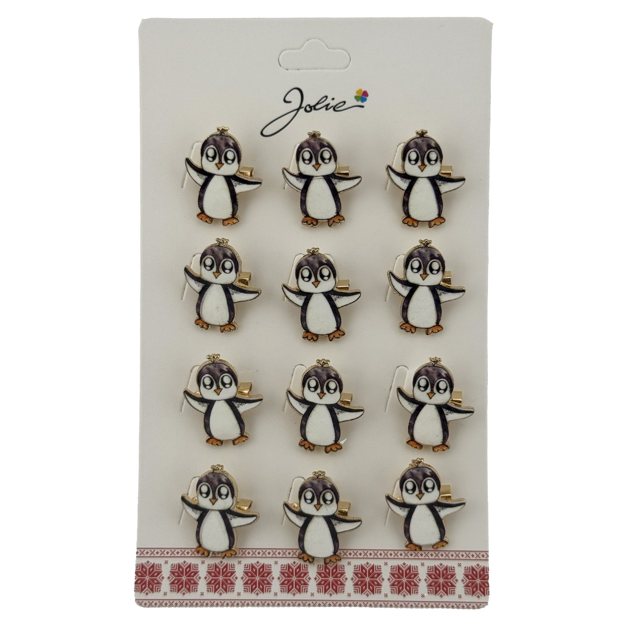 Set 12 Brose Martisor cu Pinguin Copii, Brose din Metal, Aspect Lacuit, 2,5 x 3 cm per Unitate, Alb