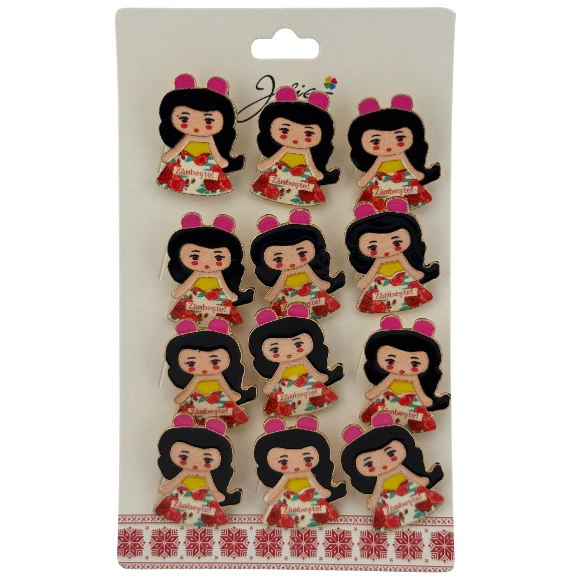 Set 12 Brose Martisor pentru Copii, Model Fetita, cu Mesaj Zambeste, Multicolor