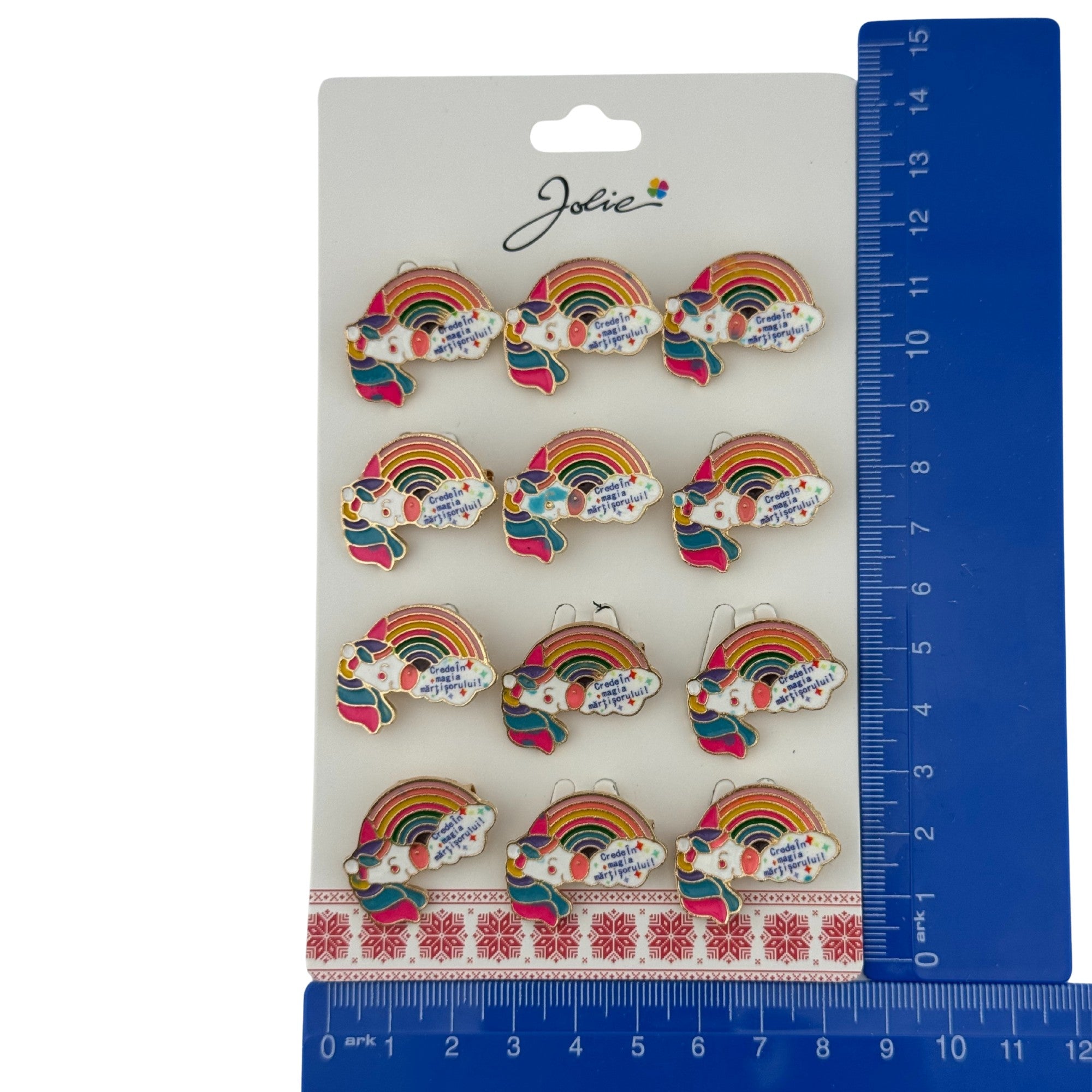 Set 12 Brose Martisor pentru Copii, Model Unicorn Curcubeu, cu Mesaj Crede in Magia Martisorului, Multicolor