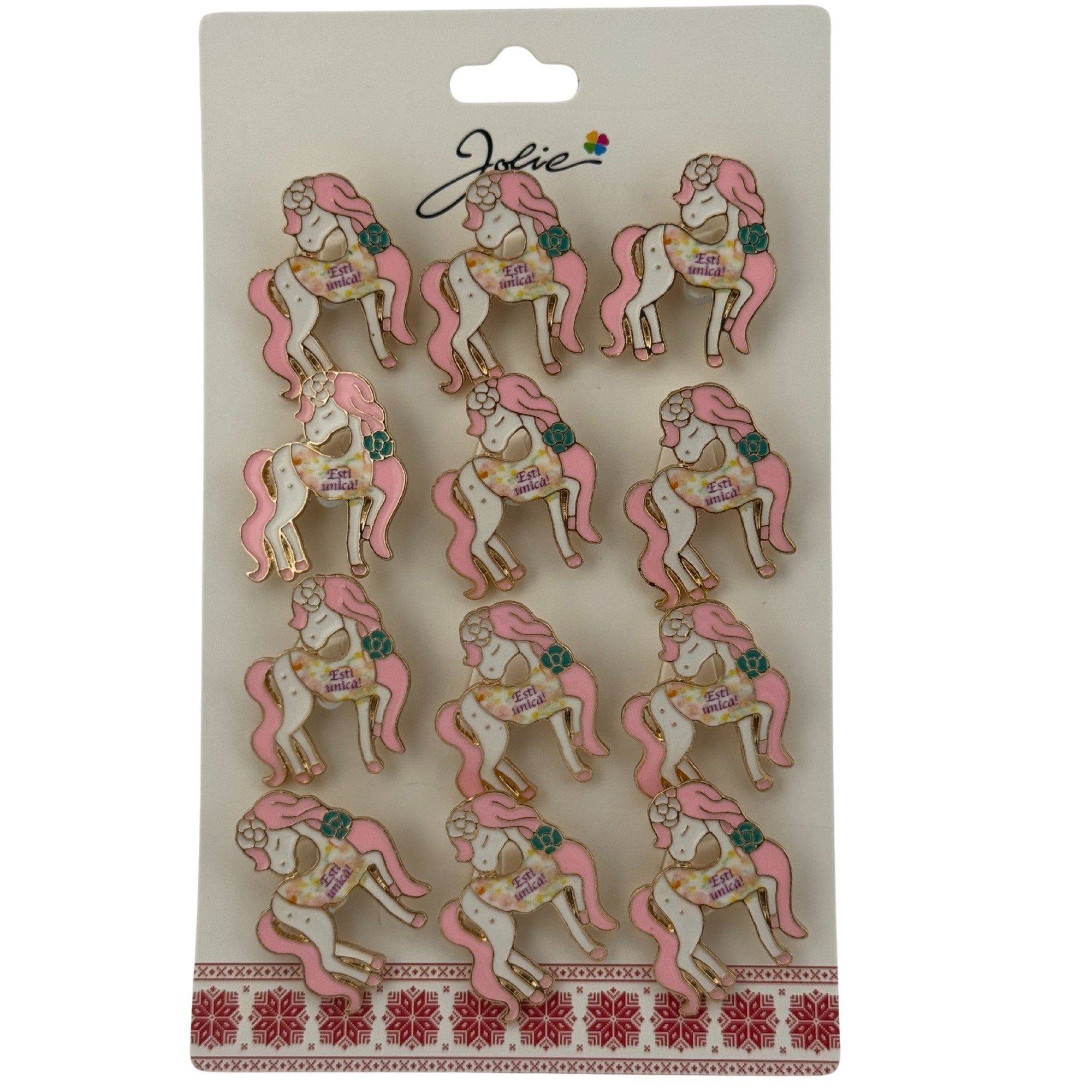 Set 12 Brose Martisor pentru Copii, Model Unicorn cu Par Roz, cu Mesaj Esti Unica, Multicolor