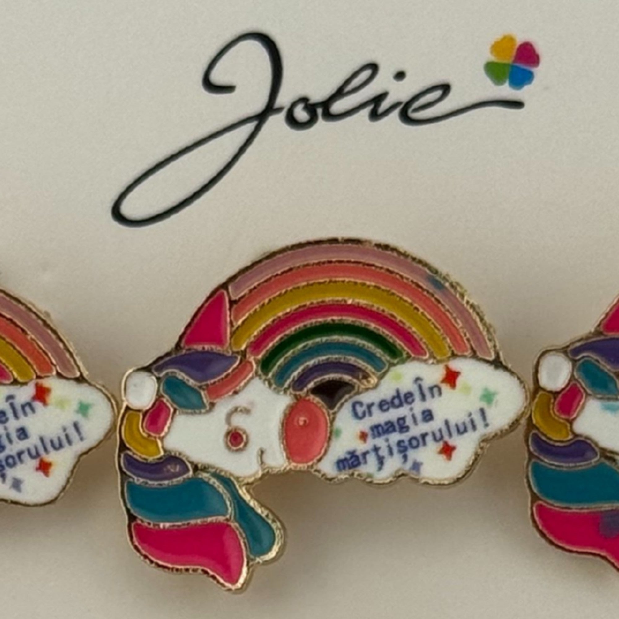 Set 12 Brose Martisor pentru Copii, Model Unicorn Curcubeu, cu Mesaj Crede in Magia Martisorului, Multicolor