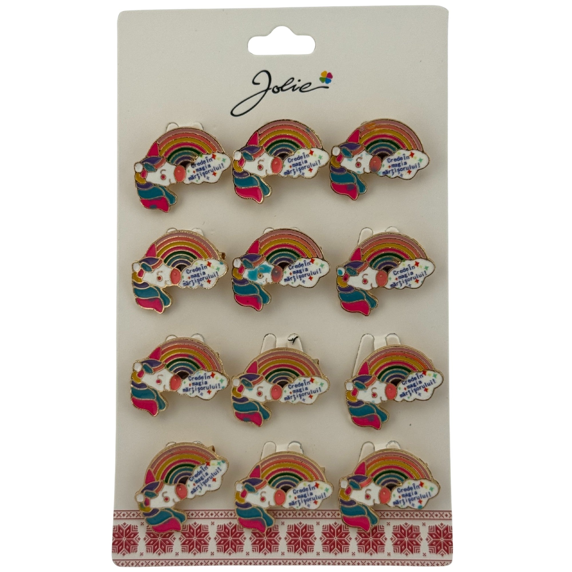 Set 12 Brose Martisor pentru Copii, Model Unicorn Curcubeu, cu Mesaj Crede in Magia Martisorului, Multicolor