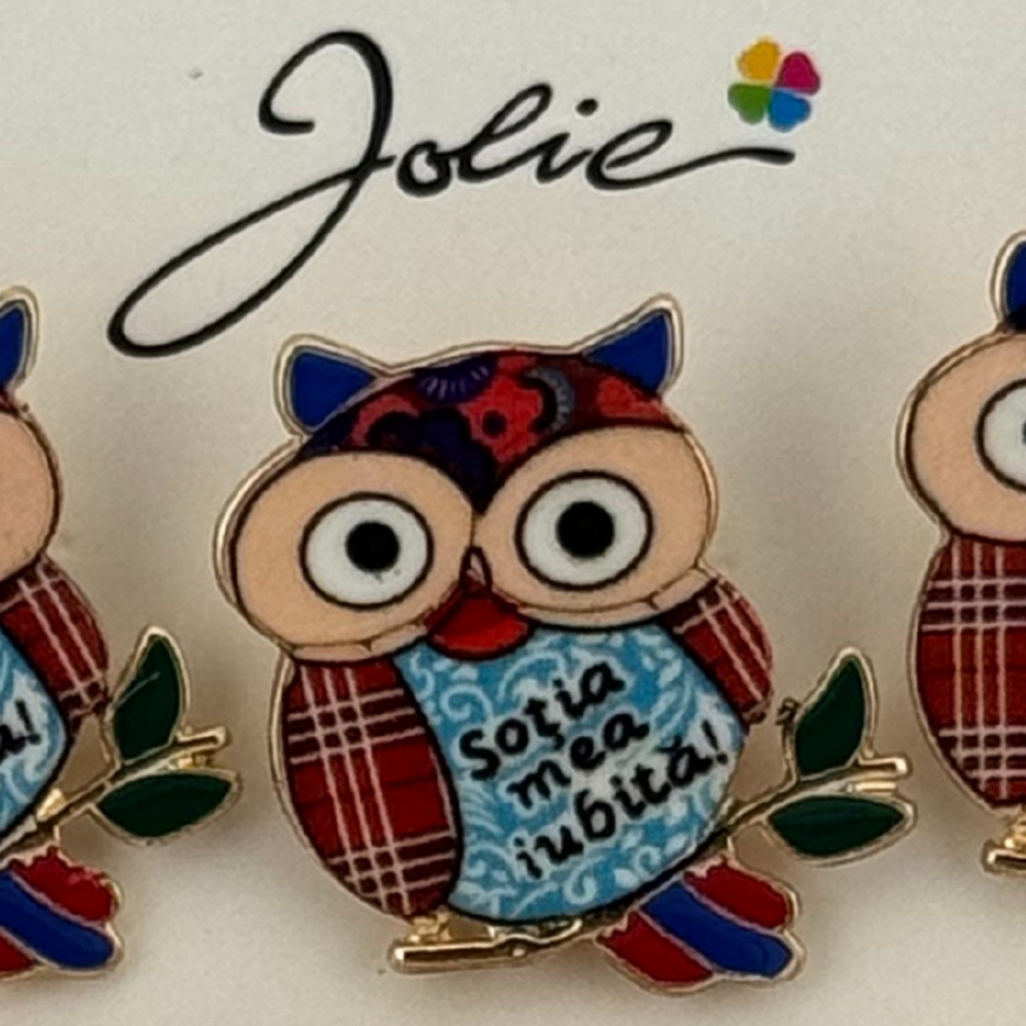 Set 12 Brose Martisor Primavara, Model Bufnita, cu Mesaj Sotia Mea Iubita, Multicolor