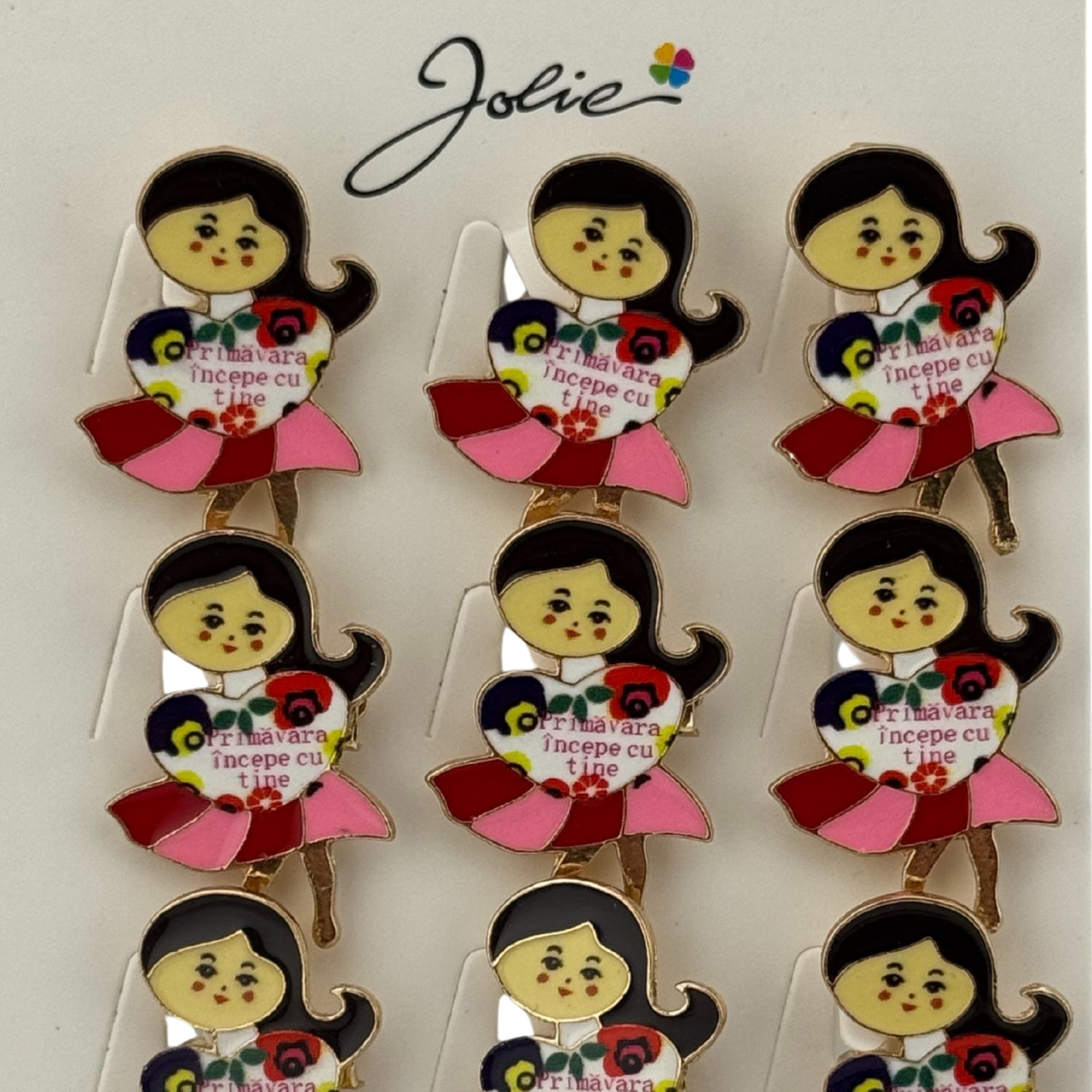 Set 12 Brose Martisor Primavara, Model Fata, Mesaj Primavara Incepe cu Tine, Multicolor