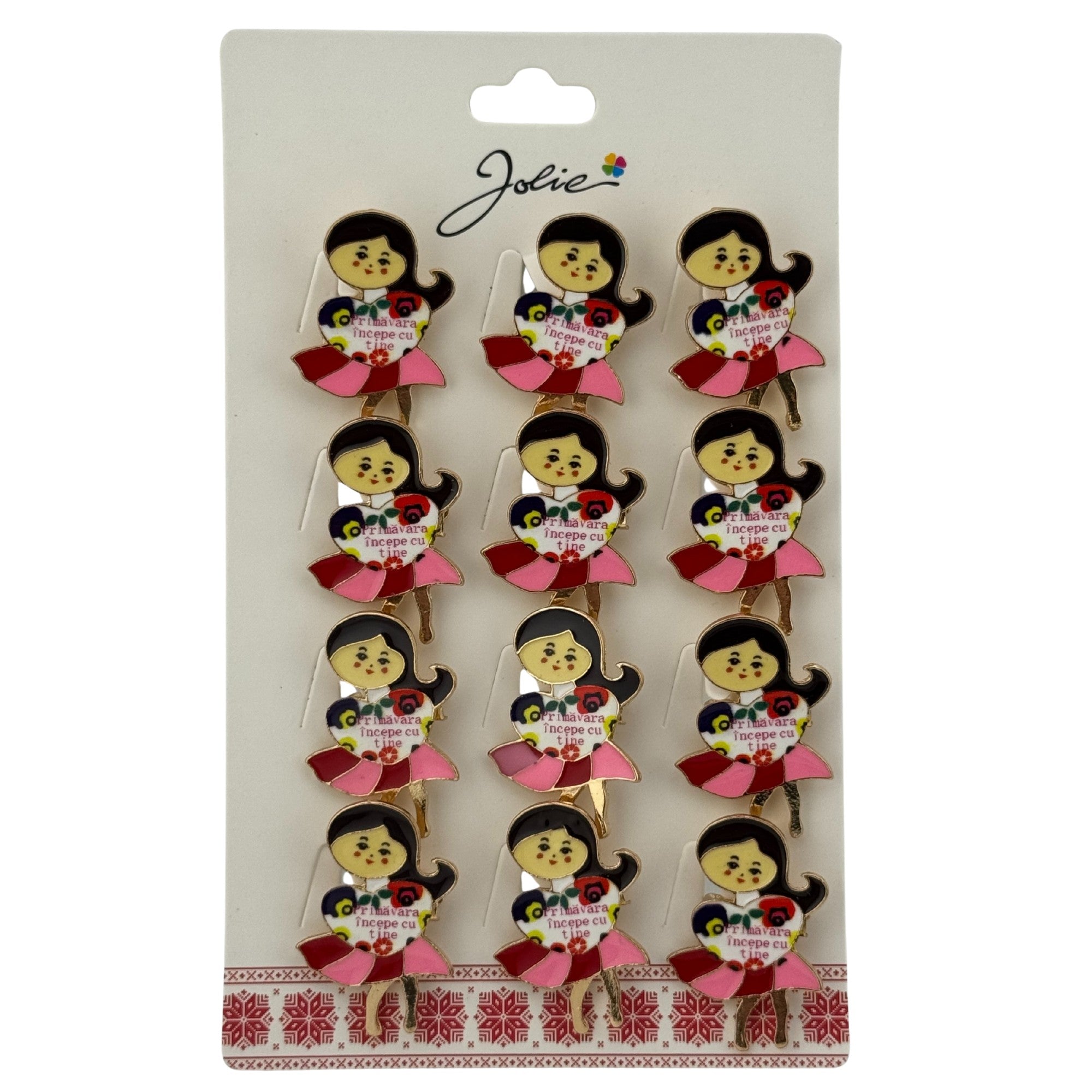 Set 12 Brose Martisor Primavara, Model Fata, Mesaj Primavara Incepe cu Tine, Multicolor