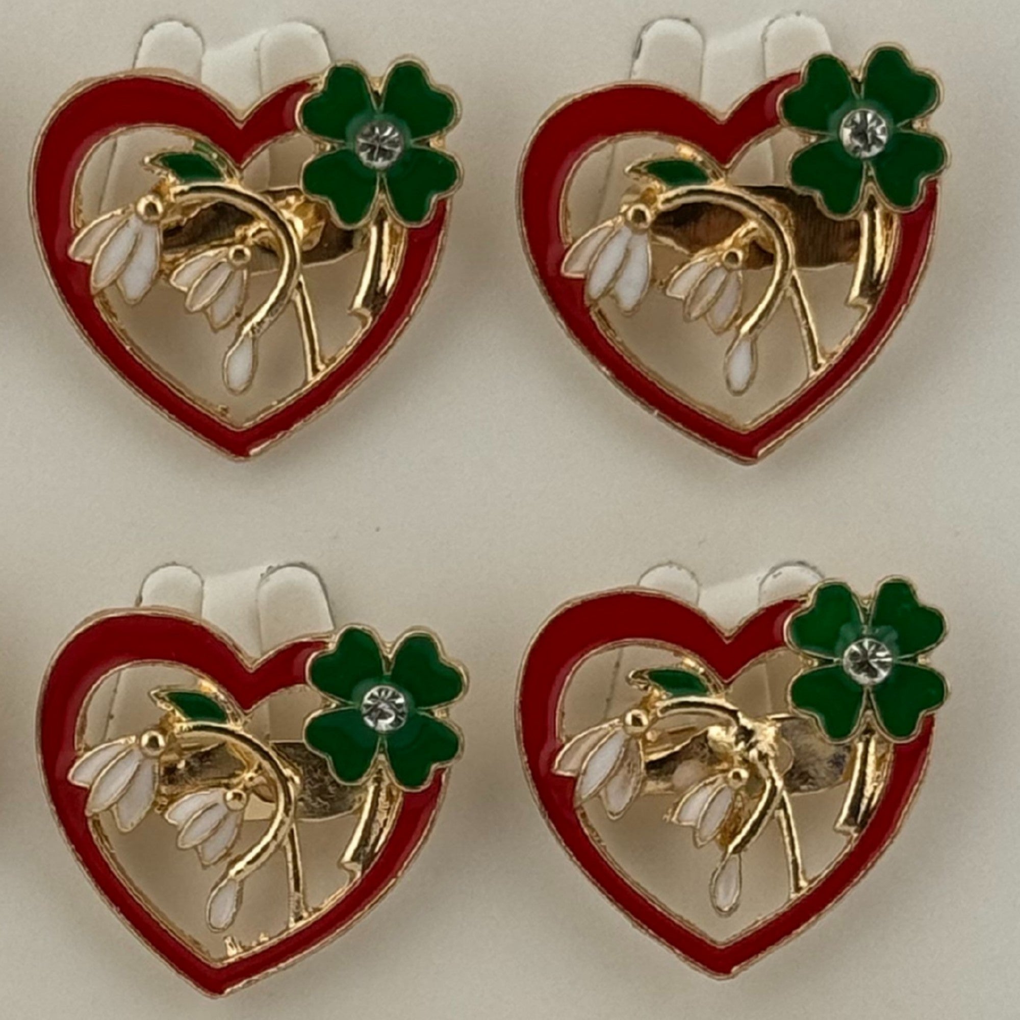 Set 12 Brose Martisor Primavara, Model Inima cu Ghiocei si Trifoi