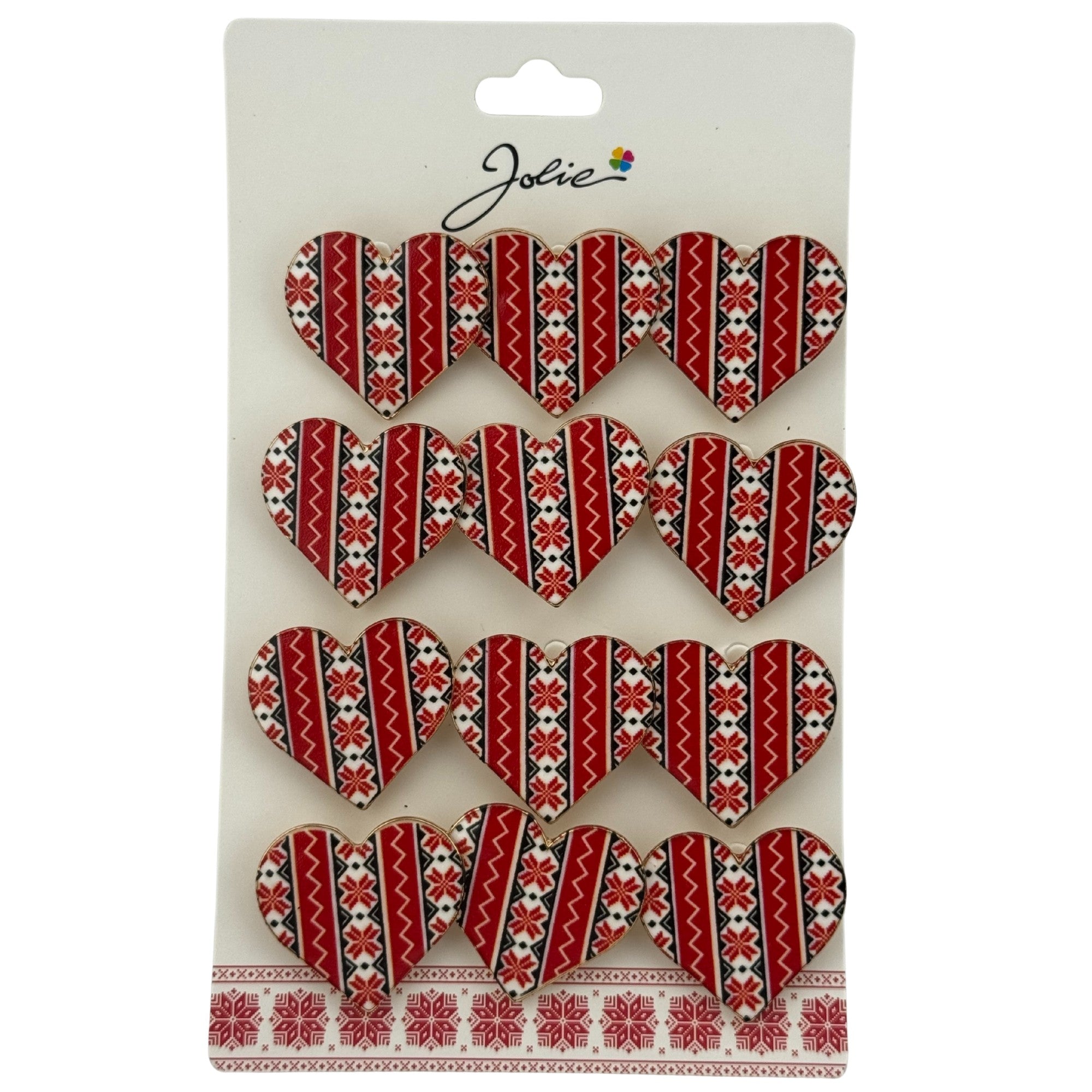 Set 12 Brose Martisor Primavara, Model Inima Rosie cu Motiv Traditional, Rosu
